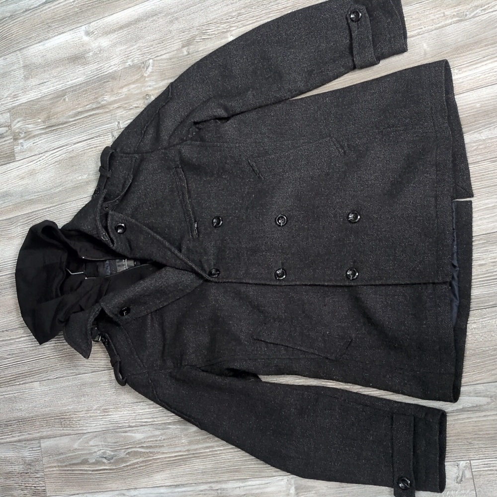 Politix Mens Engineered Wool Blend Double Breasted Hooded Pea Coat XL